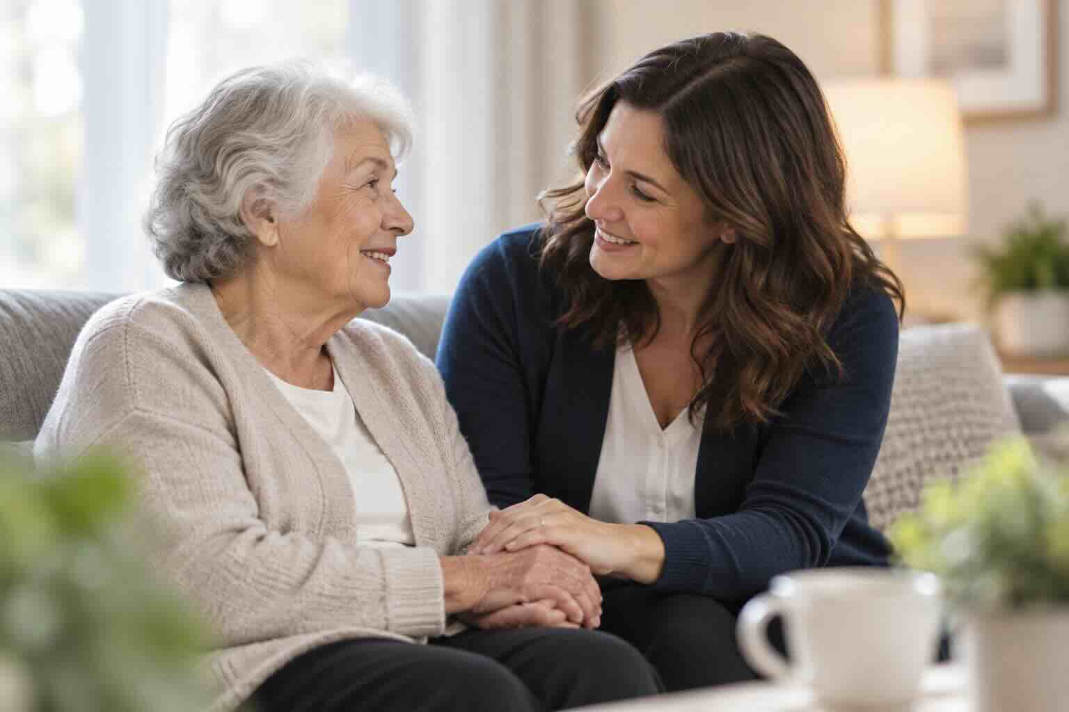An older adult and a supportive family member discussing care