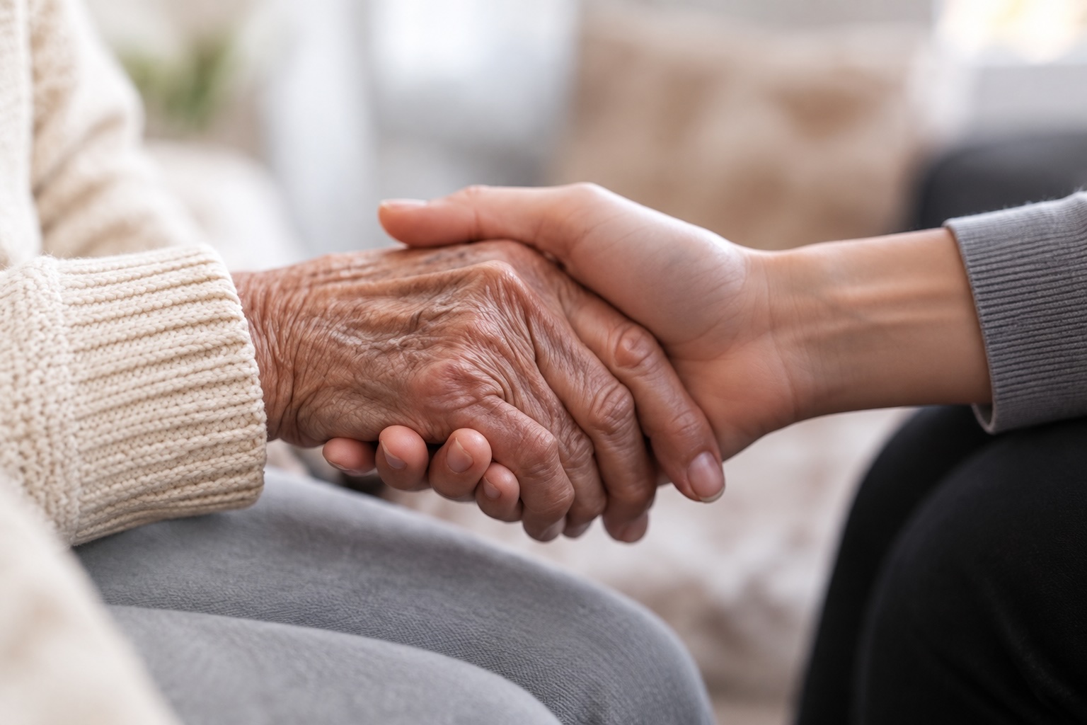 A younger hand gently supporting an older person’s hand